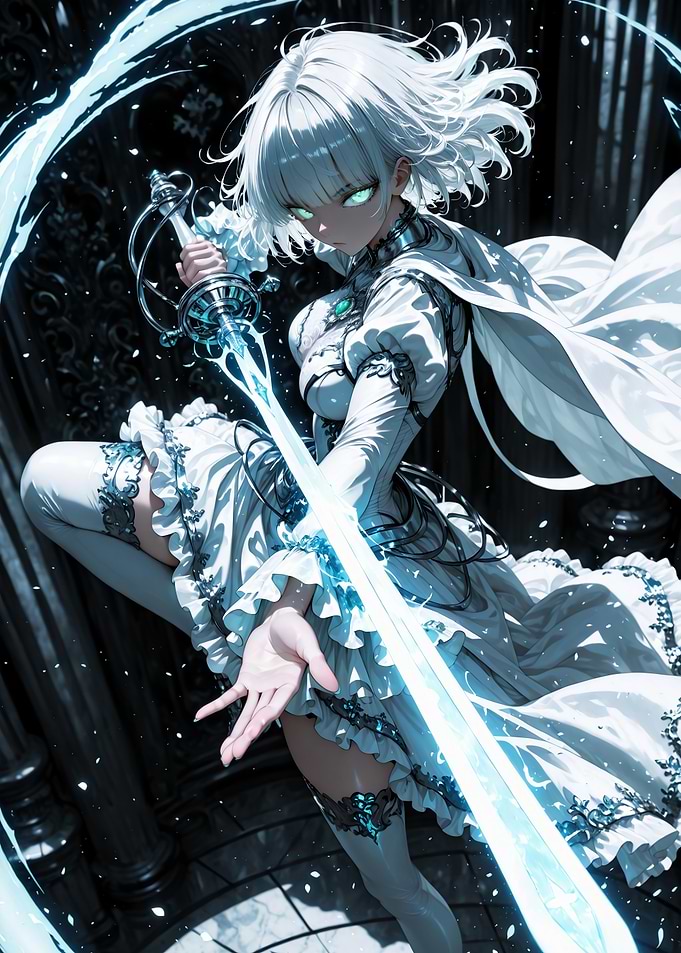 White-Haired Anime Warrior with Sword