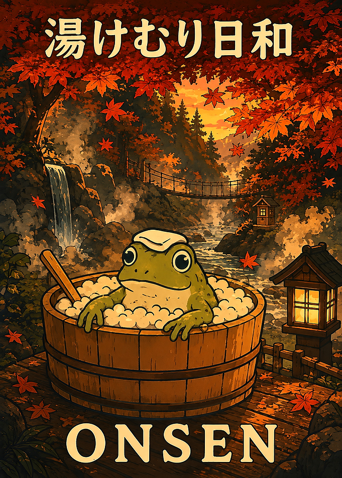 Cute Frog Relaxing in Onsen Poster