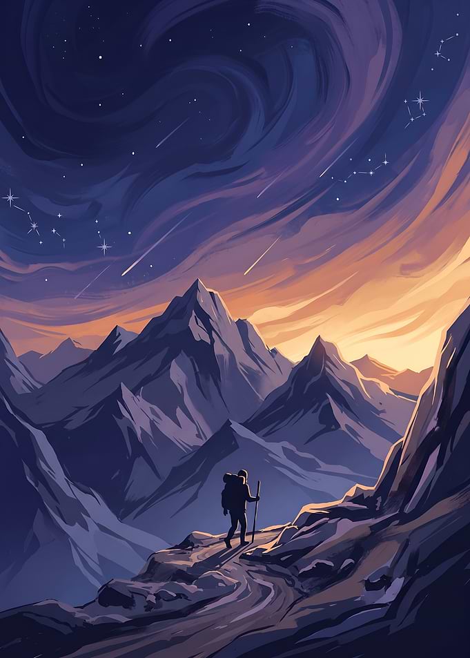 Starlight Hiker and Majestic Peak Horizon