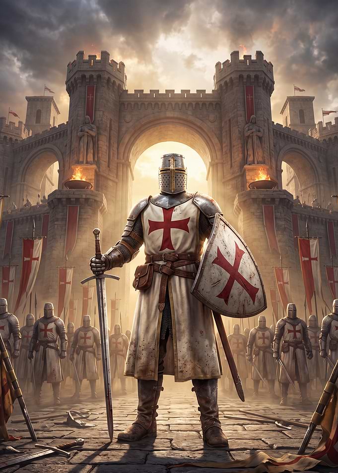 Crusader Knight Standing Before Castle Gate
