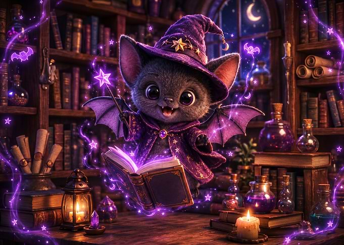 Cute Baby Bat Wizard Casting Spells