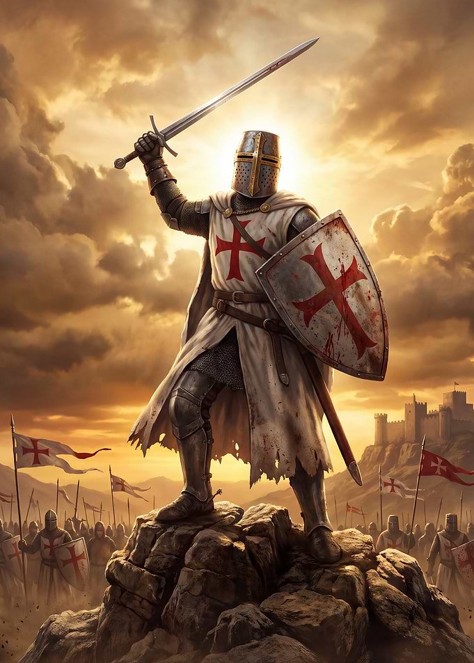 Crusader Knight Standing on Rock