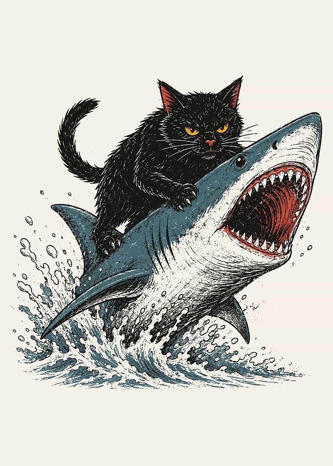 Black Cat Riding Shark Vintage Cross Hatch Ocean Adventure Wall Art Poster