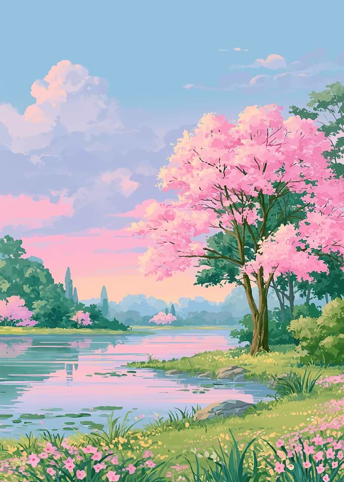 Serene Cherry Blossom Lake Landscape