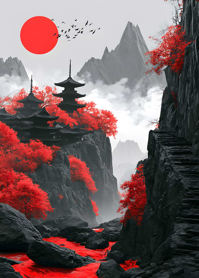 Red Sun Over Japanese Mountain Temple