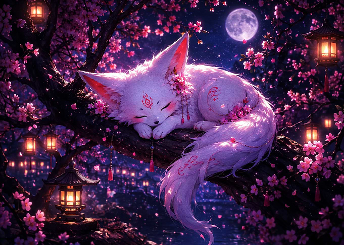 Sleeping White Fox in Cherry Blossoms