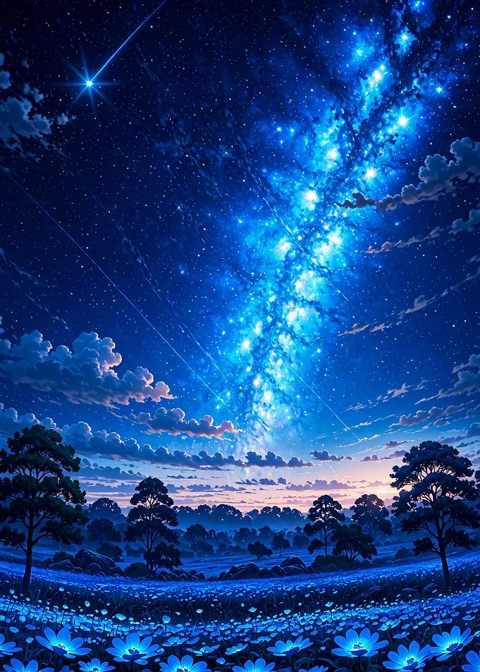 Fantasy Starlit Night Over Blue Flower Field