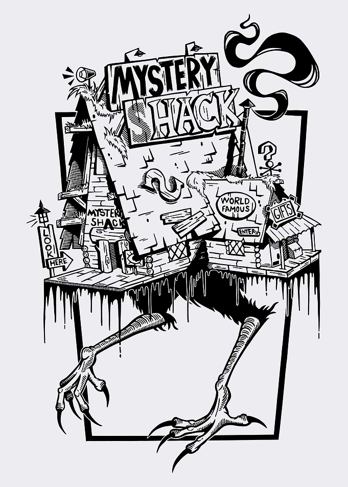 Mystery Shack Ink Art | Surreal Walking Shack Black and White Comic Wall Poster