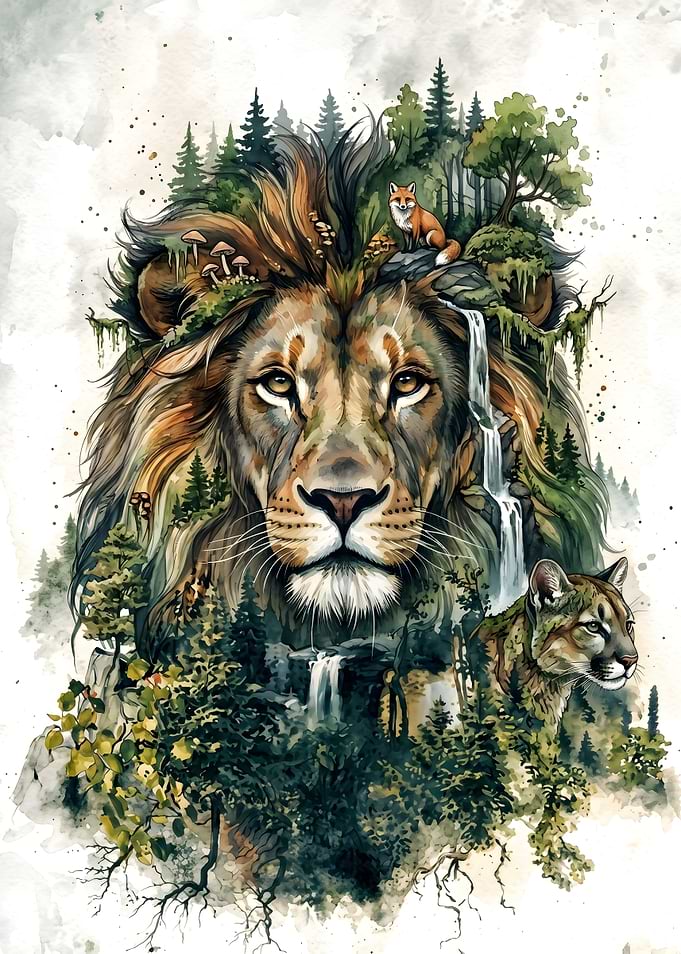 Double Exposure Lion Forest Art