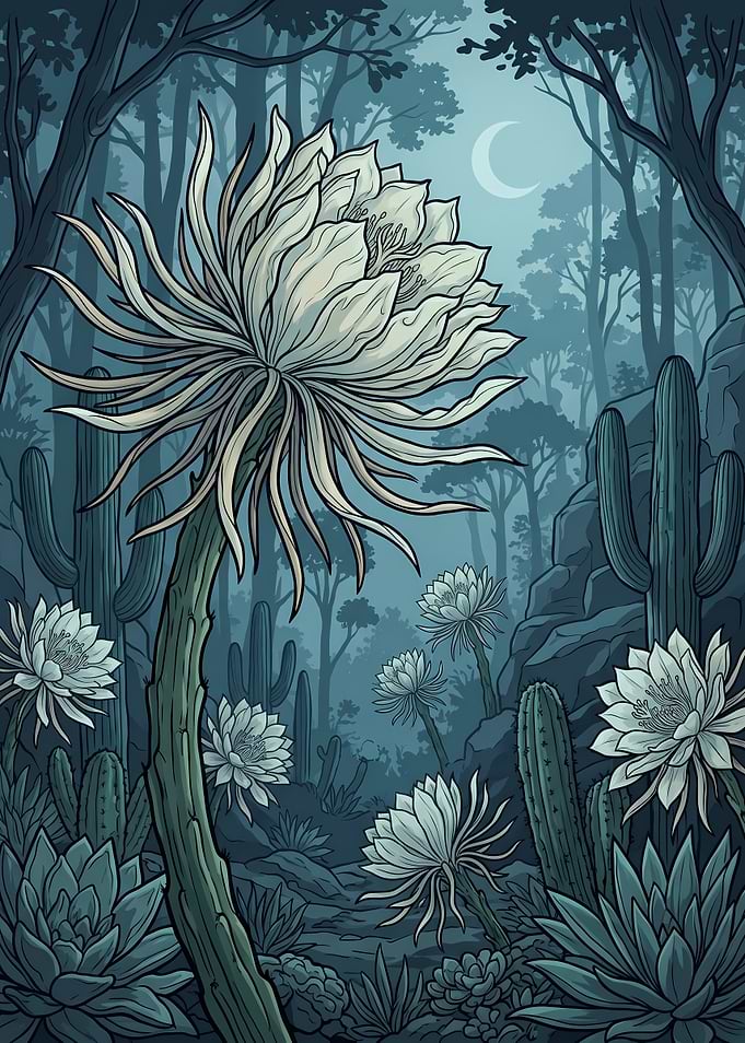 Night Blooming Cactus Garden Illustration