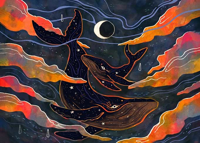 Celestial Whales in Cosmic Sky