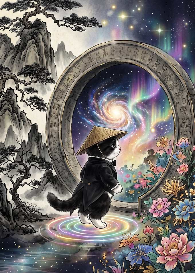 Cat in Tuxedo and Conical Hat