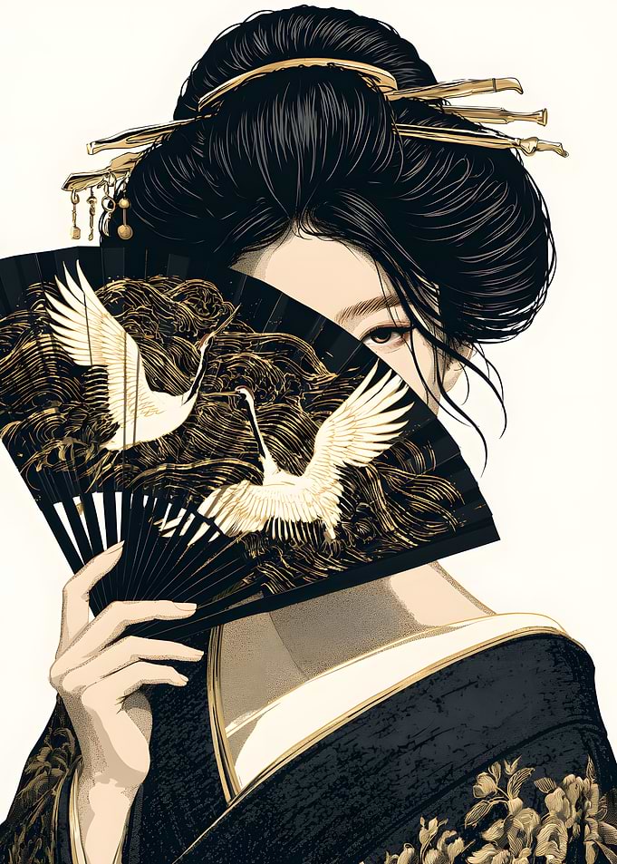 Geisha with Crane Fan Portrait