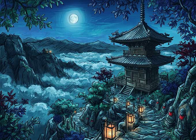 Moonlit Japanese Temple Mountain Path
