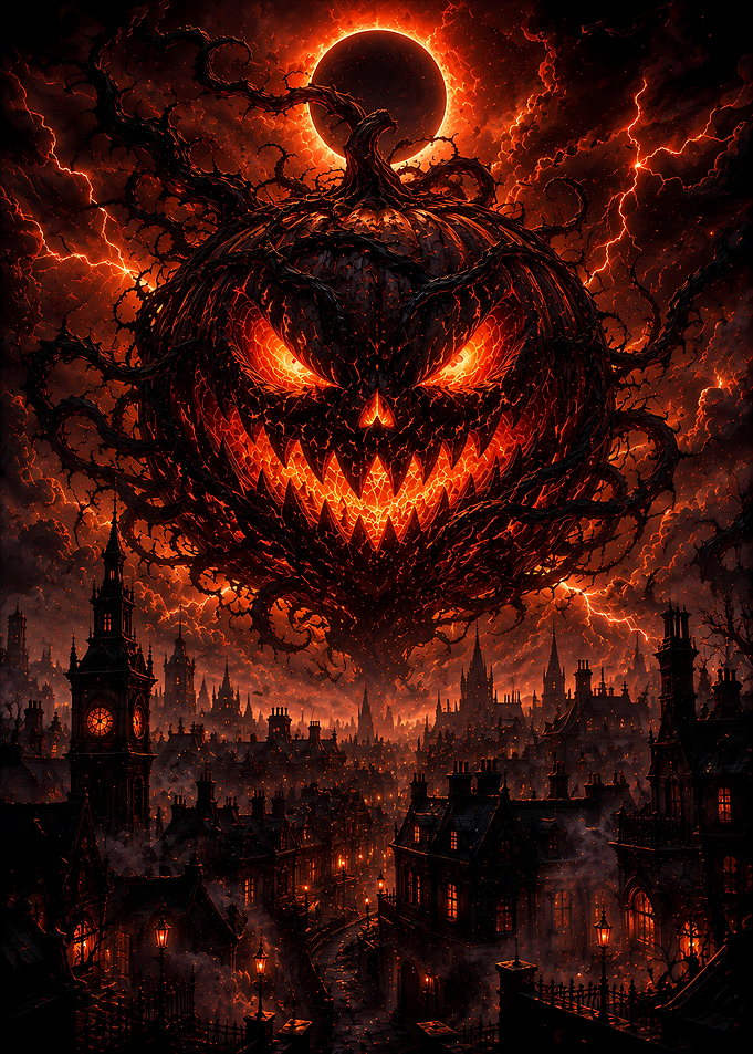 Giant Eerie Pumpkin Over Gothic City