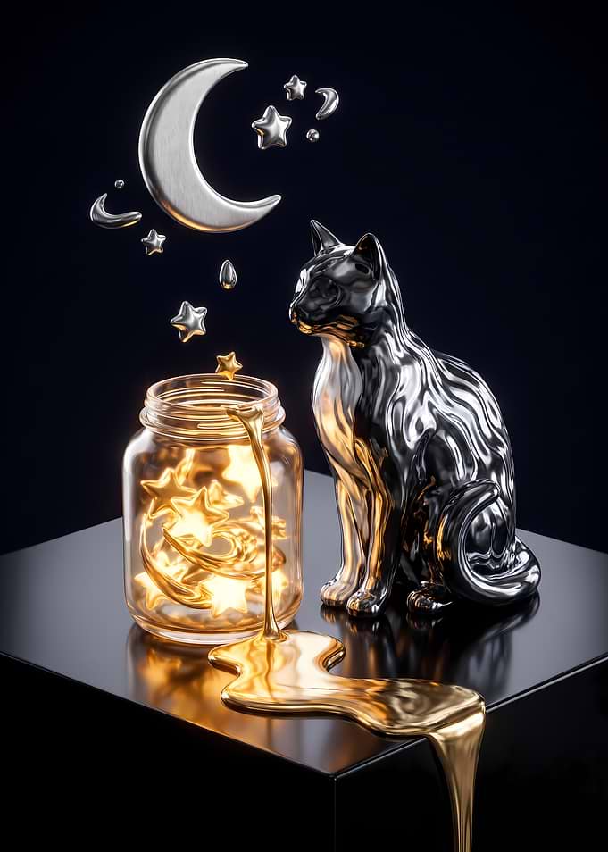Metallic Cat with Glowing Star Jar