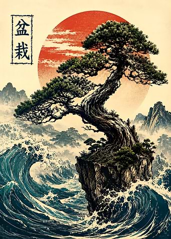 Bonsai Tree on Cliff Over Ocean