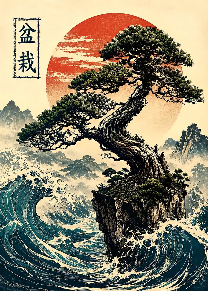 Bonsai Tree on Cliff Over Ocean