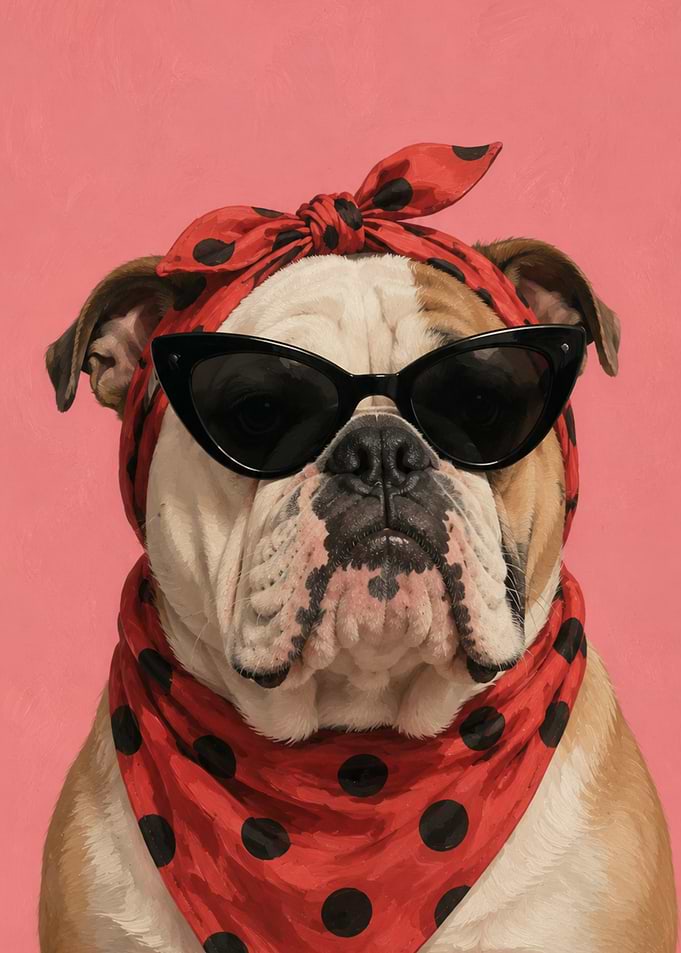 Stylish Bulldog in Polka Dot Accessories and Sunglasses