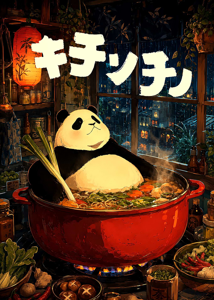 Panda Cooking in a Large Pot