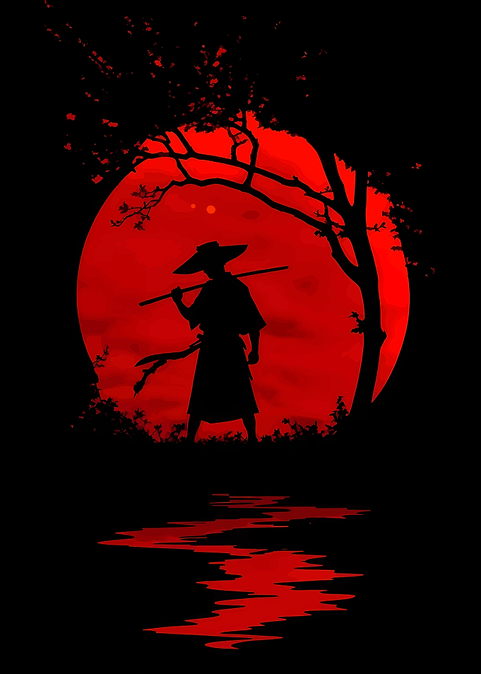 Samurai Silhouette Under Red Moon