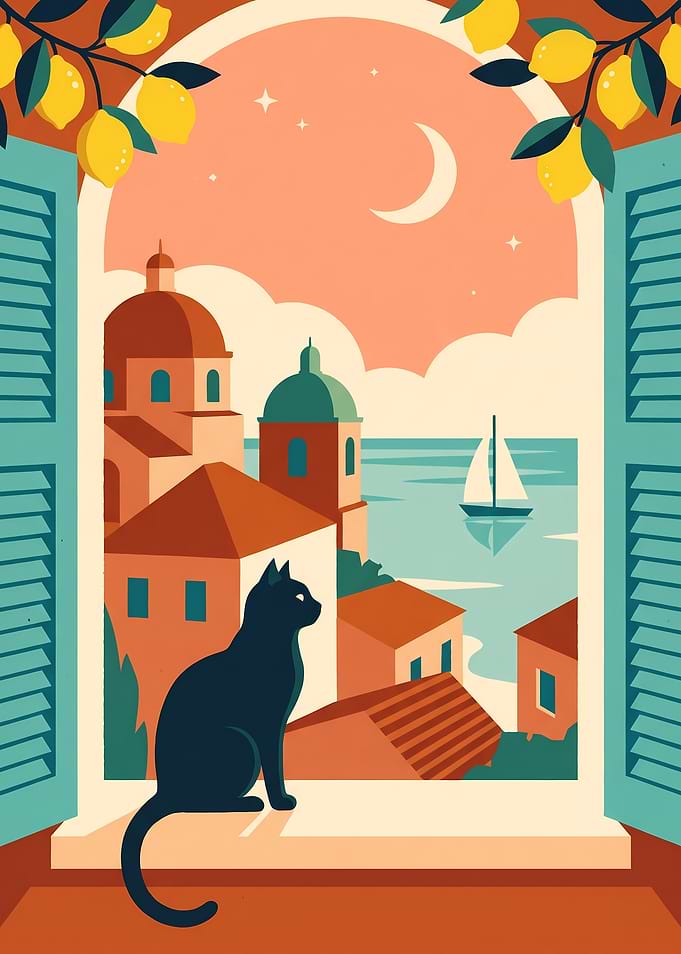 Black Cat Watching Mediterranean Sunset