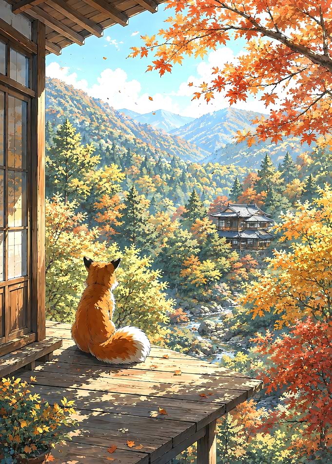 Fox gazing at autumn mountain landscape