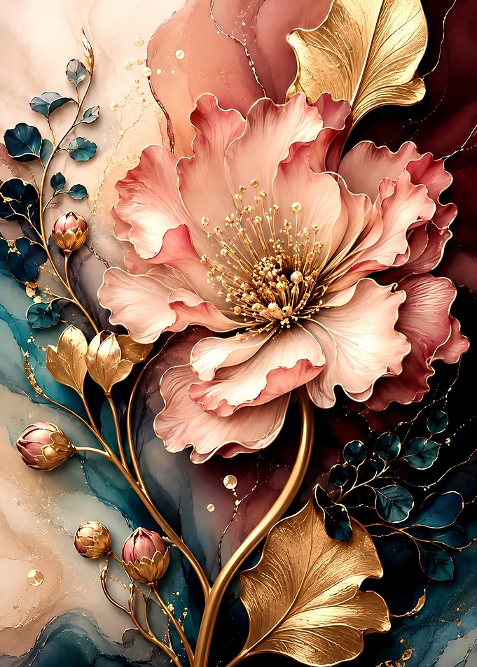 Elegant Gold and Pink Floral Art