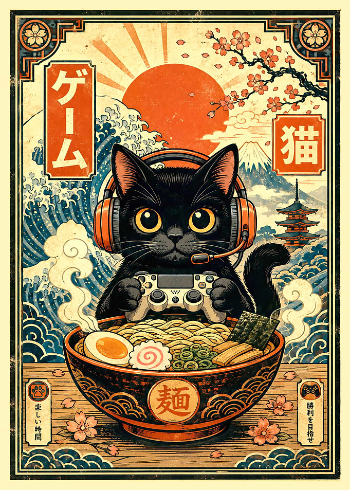 Black Cat Gamer Eating Ramen Poster