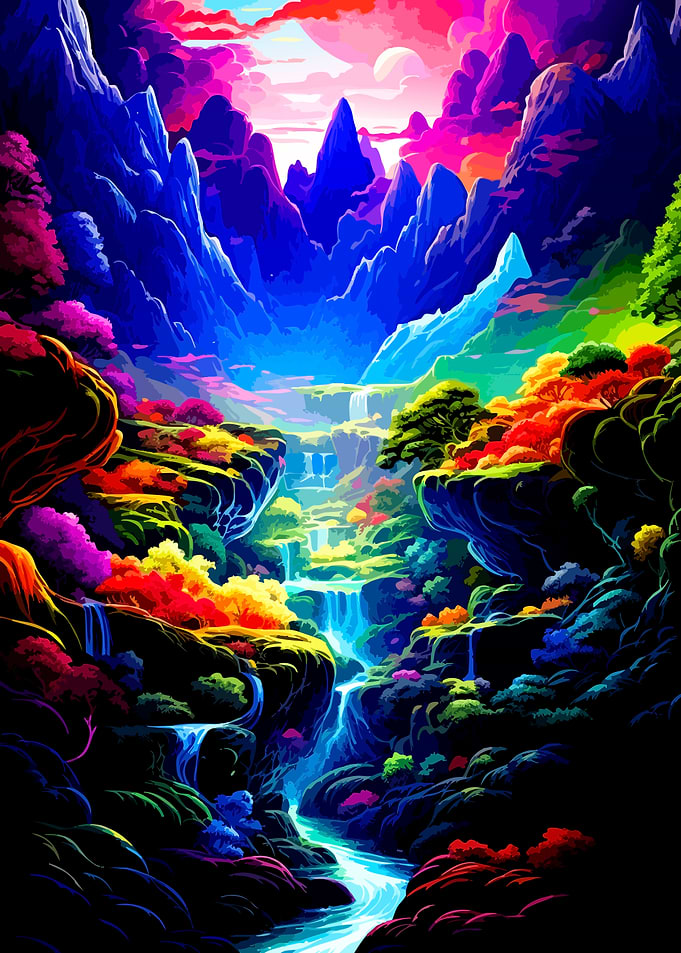 Vibrant Psychedelic Mountain Waterfall Landscape