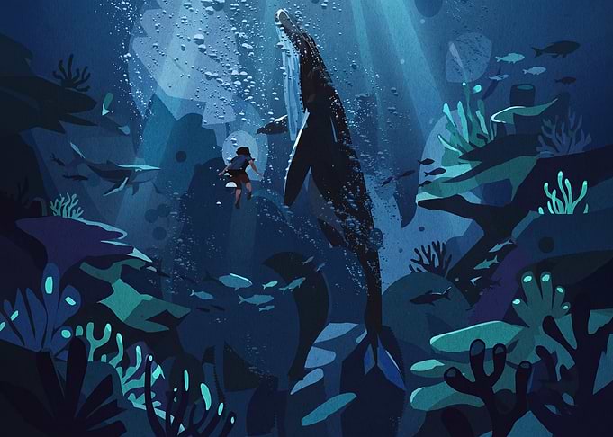 Diver Swimming with Humpback Whale