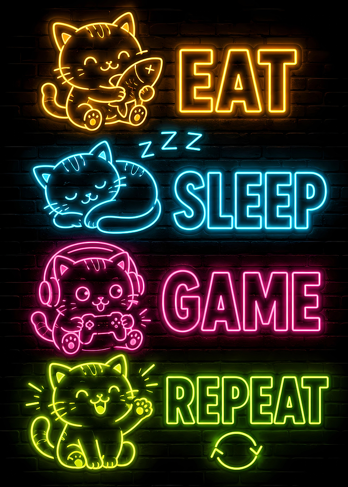 Eat Sleep Game Repeat Neon Cat