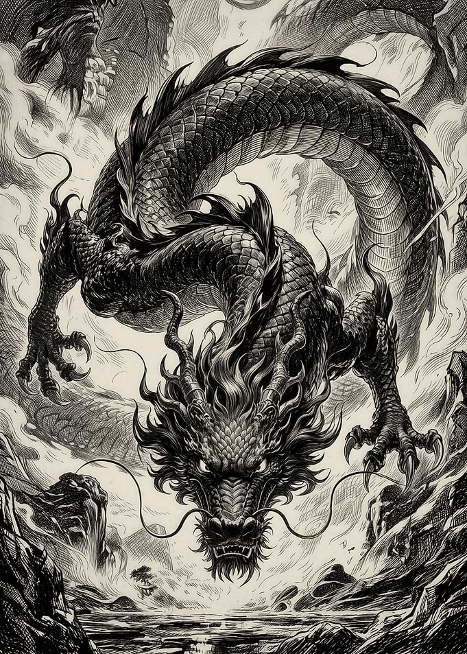 Intricate Black and White Dragon Illustration
