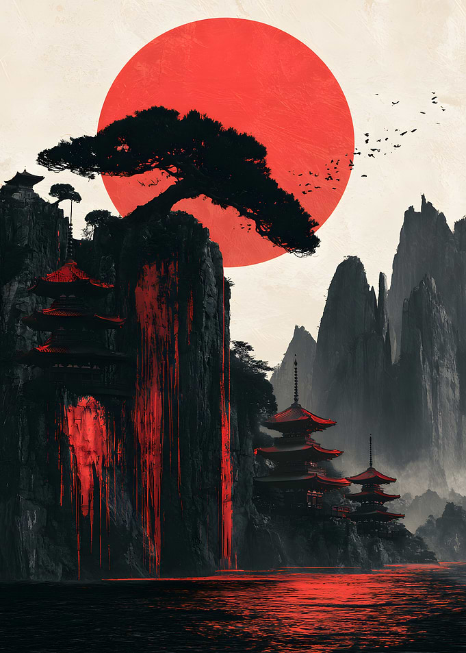 Red Sun Over Japanese Pagoda Landscape