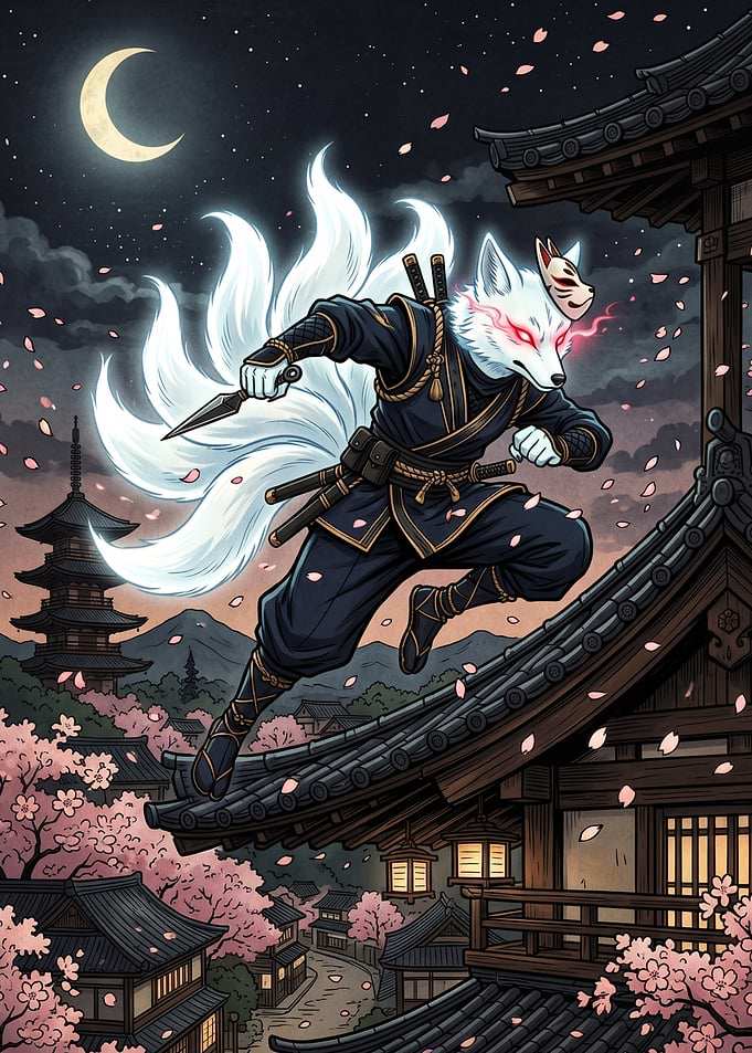Nine-Tailed Fox Ninja on Rooftop