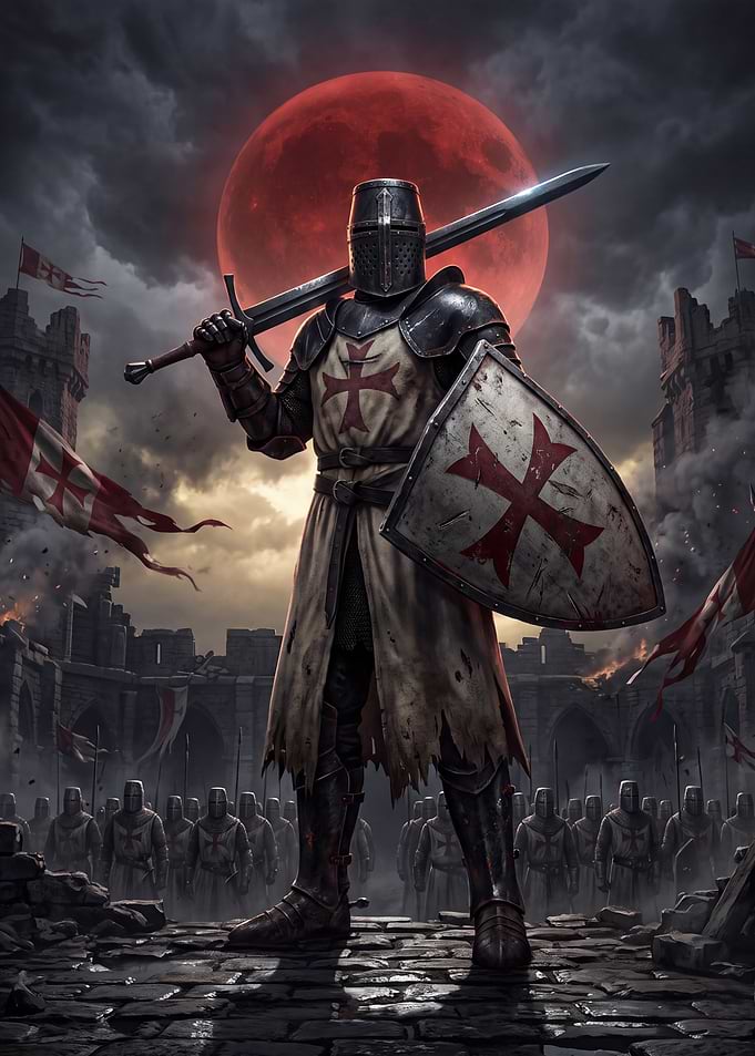 Crusader Knight Under Blood Moon