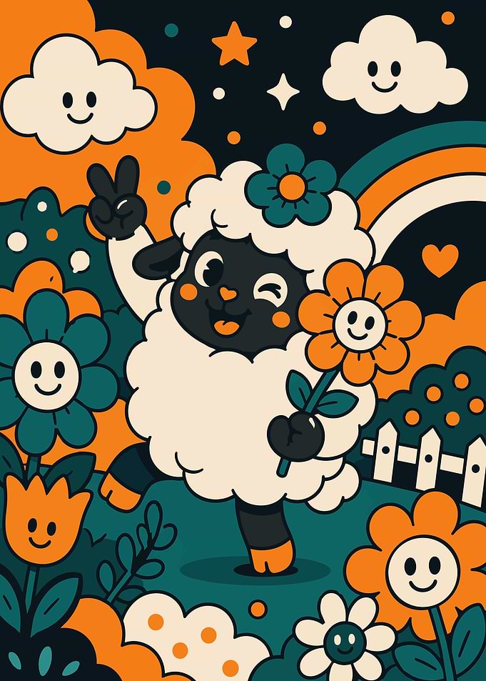 Cute Cartoon Sheep in Flower Garden