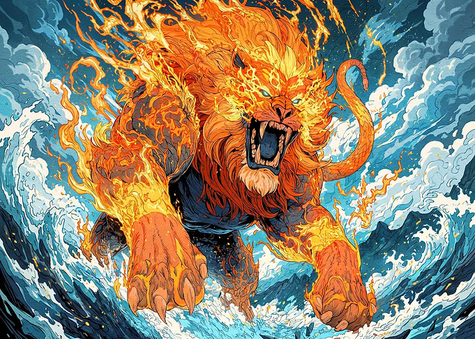 Fiery Lion Beast in Raging Waters