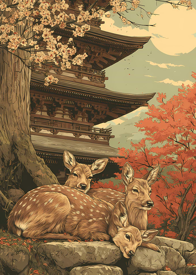 Deer Resting by Japanese Temple