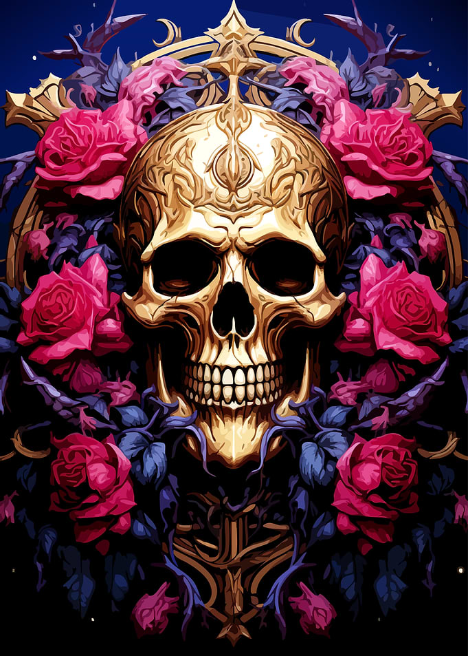 Golden Skull Surrounded by Red Roses
