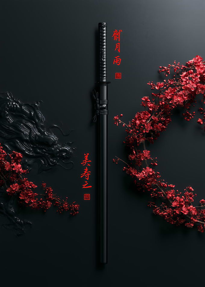 Black Katana with Red Cherry Blossoms