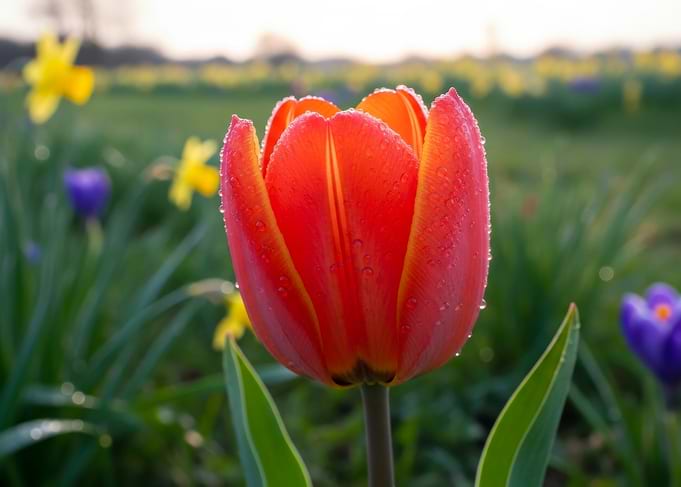 Dew-Covered Red Tulip in Spring