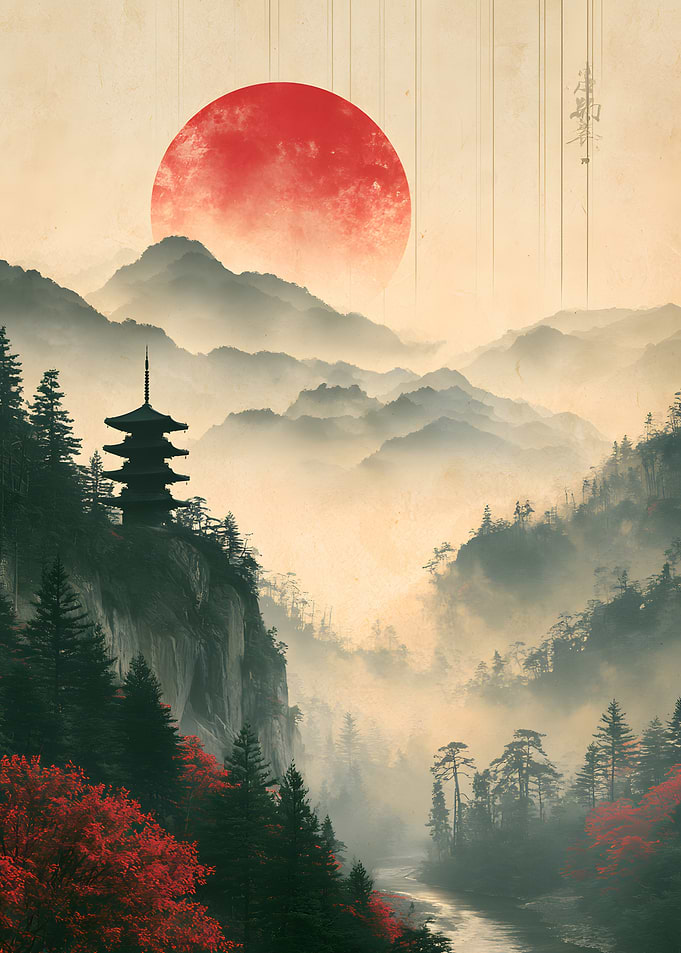 Misty Japanese Pagoda Landscape