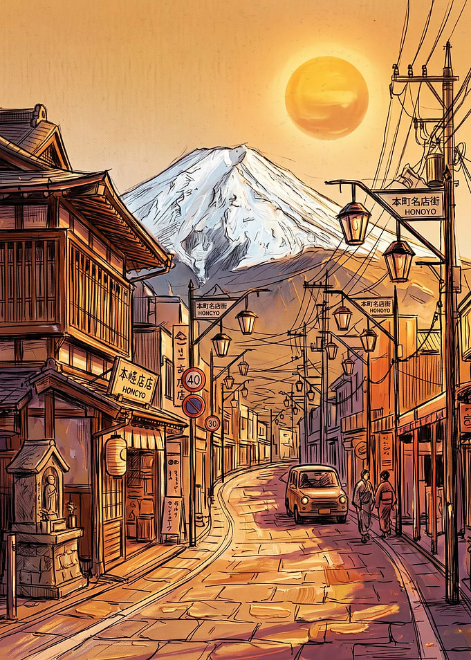 Sunset Street View of Mount Fuji