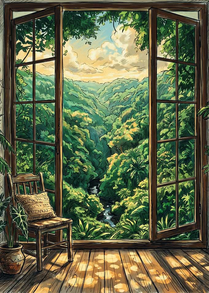 View of Lush Jungle from Window