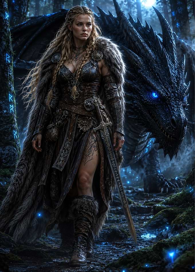 Viking Shieldmaiden and Her Dragon