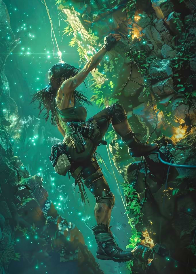 Lara Croft Climbing Glowing Jungle Ruins