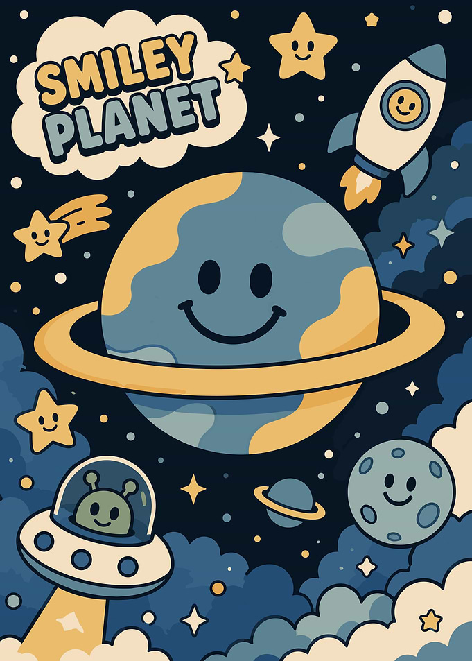 Smiley Planet Space Cartoon Poster
