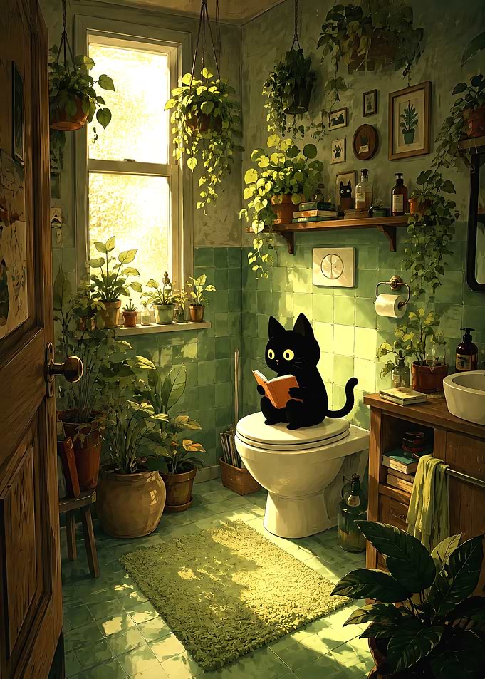 Black Cat Reading in Green Bathroom
