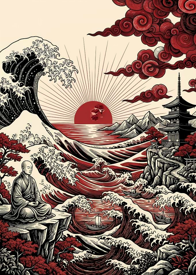 Zen Monk Meditating by Great Wave